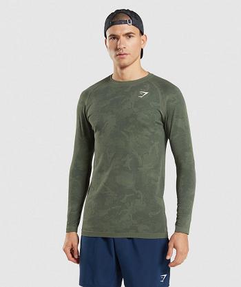 Pánské Long Sleeve Gymshark Geo Seamless Olivy Zelené Černé | CZ 2643DFM